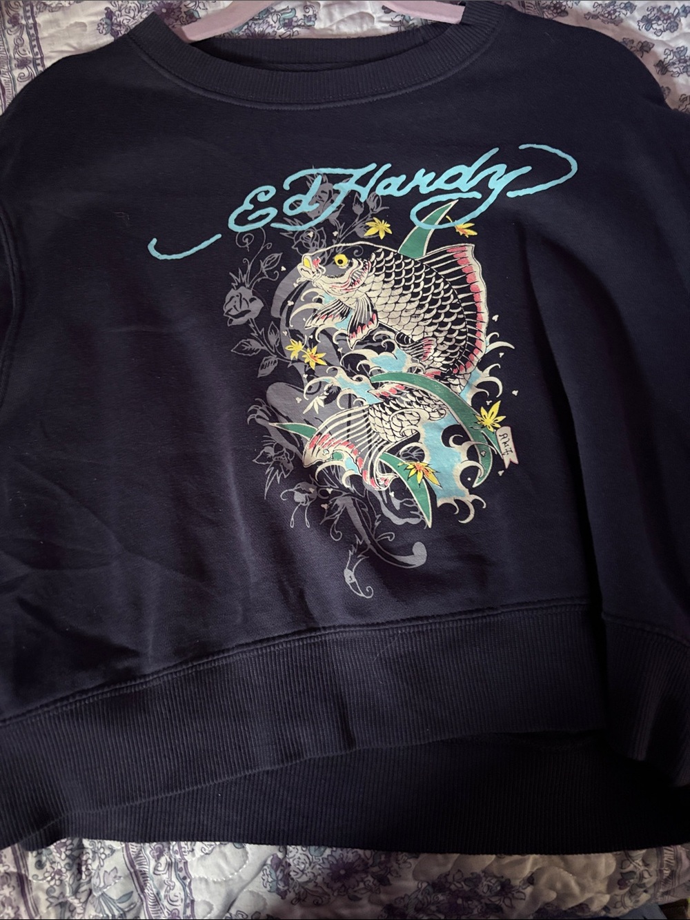 Ed Hardy Black Sweatshirt with Aqua Pink Yellow Koi Graphic